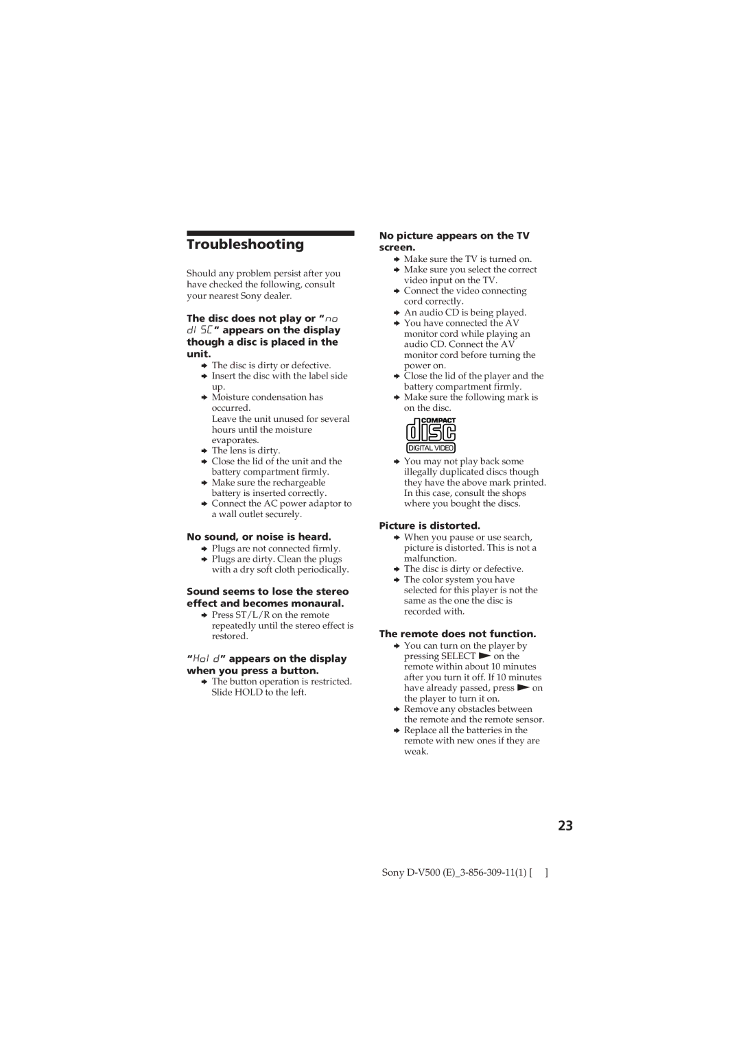 Sony D-V500 operating instructions Troubleshooting 