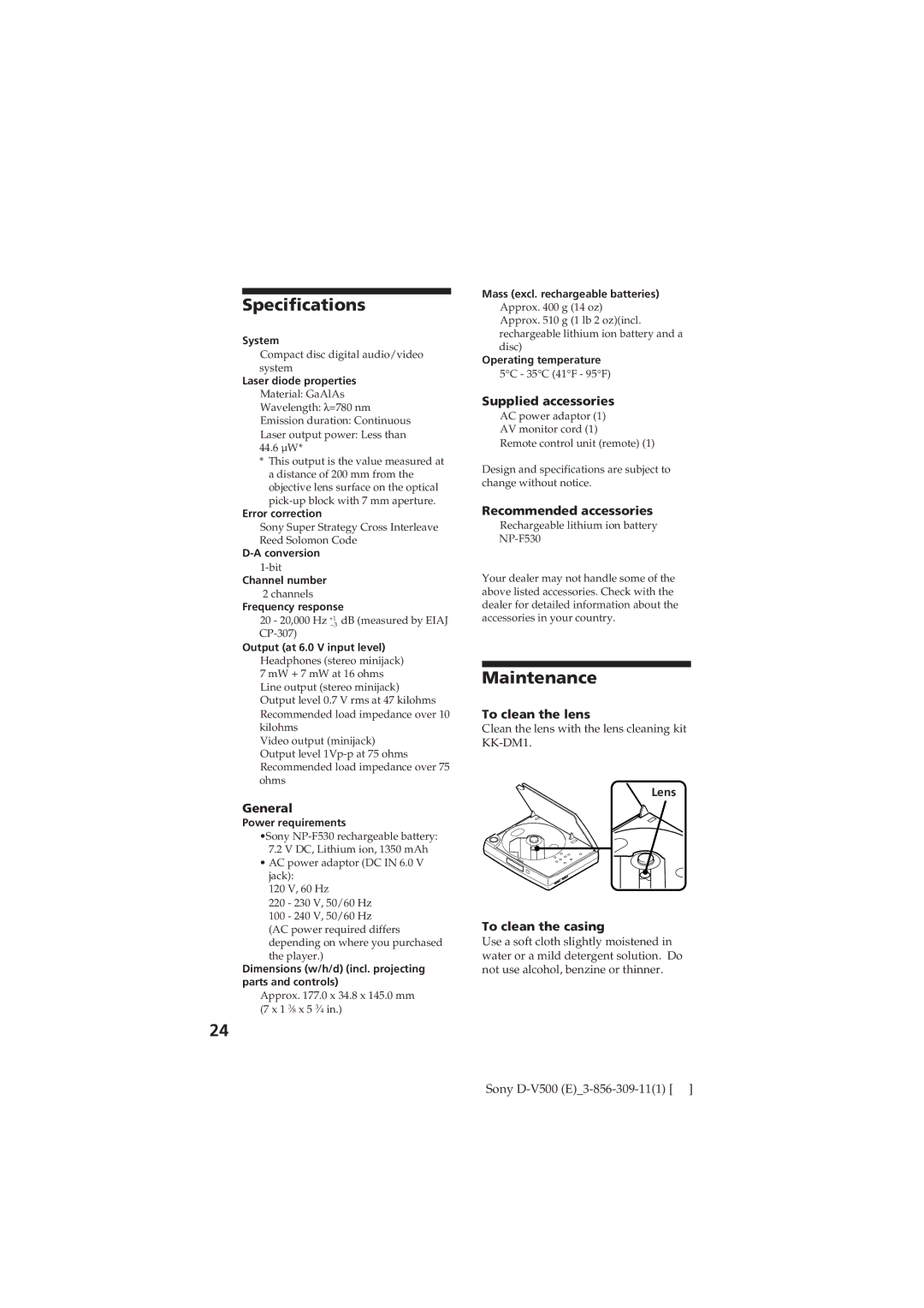 Sony D-V500 operating instructions Specifications, Maintenance 