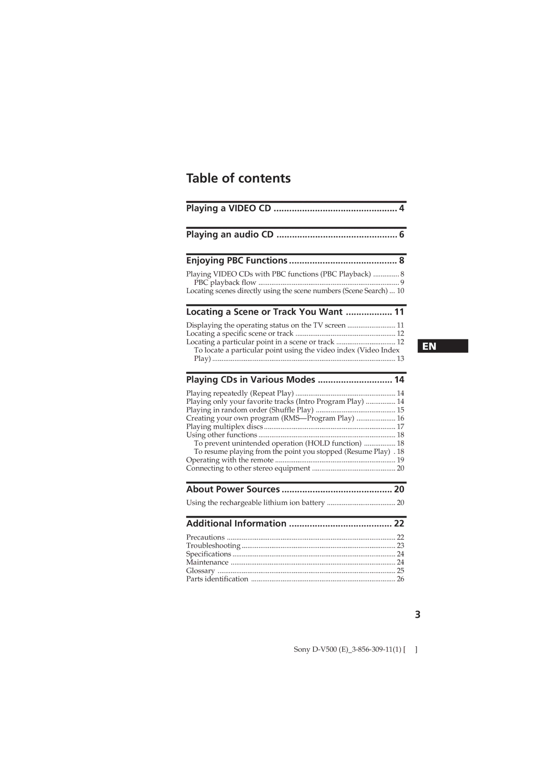 Sony D-V500 operating instructions Table of contents 