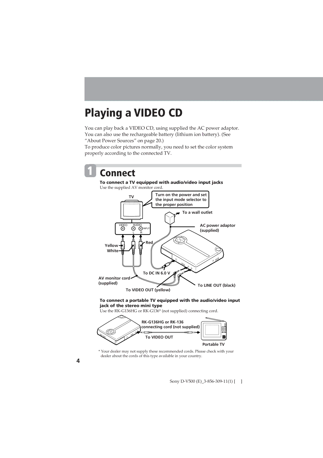 Sony D-V500 operating instructions To connect a TV equipped with audio/video input jacks 