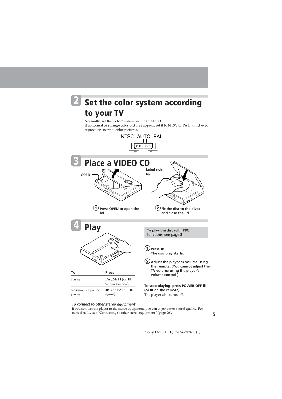 Sony D-V500 operating instructions Open, Press 