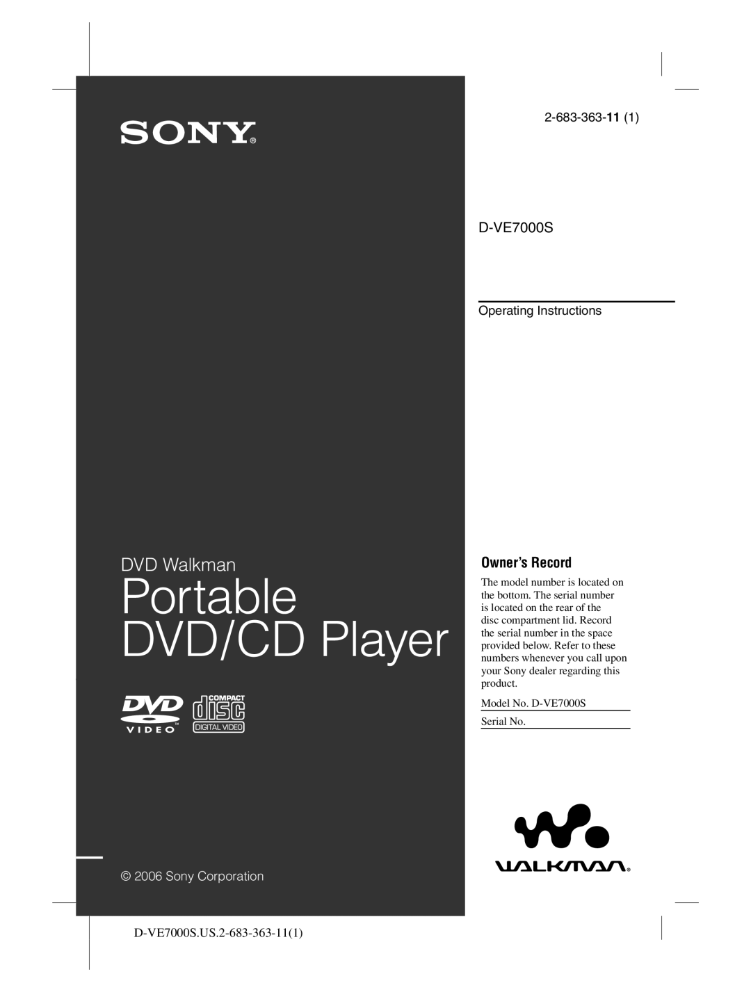 Sony D-VE7000S operating instructions Portable DVD/CD Player 