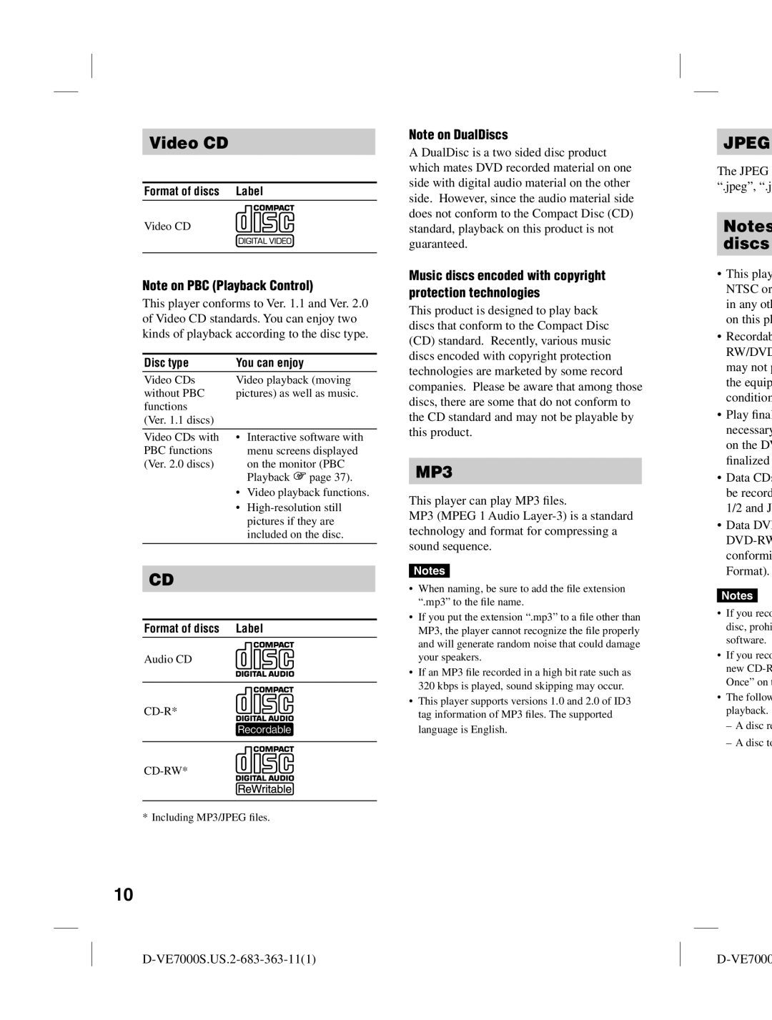 Sony D-VE7000S Video CD, Disc type You can enjoy, Cd-R Cd-Rw, Music discs encoded with copyright protection technologies 