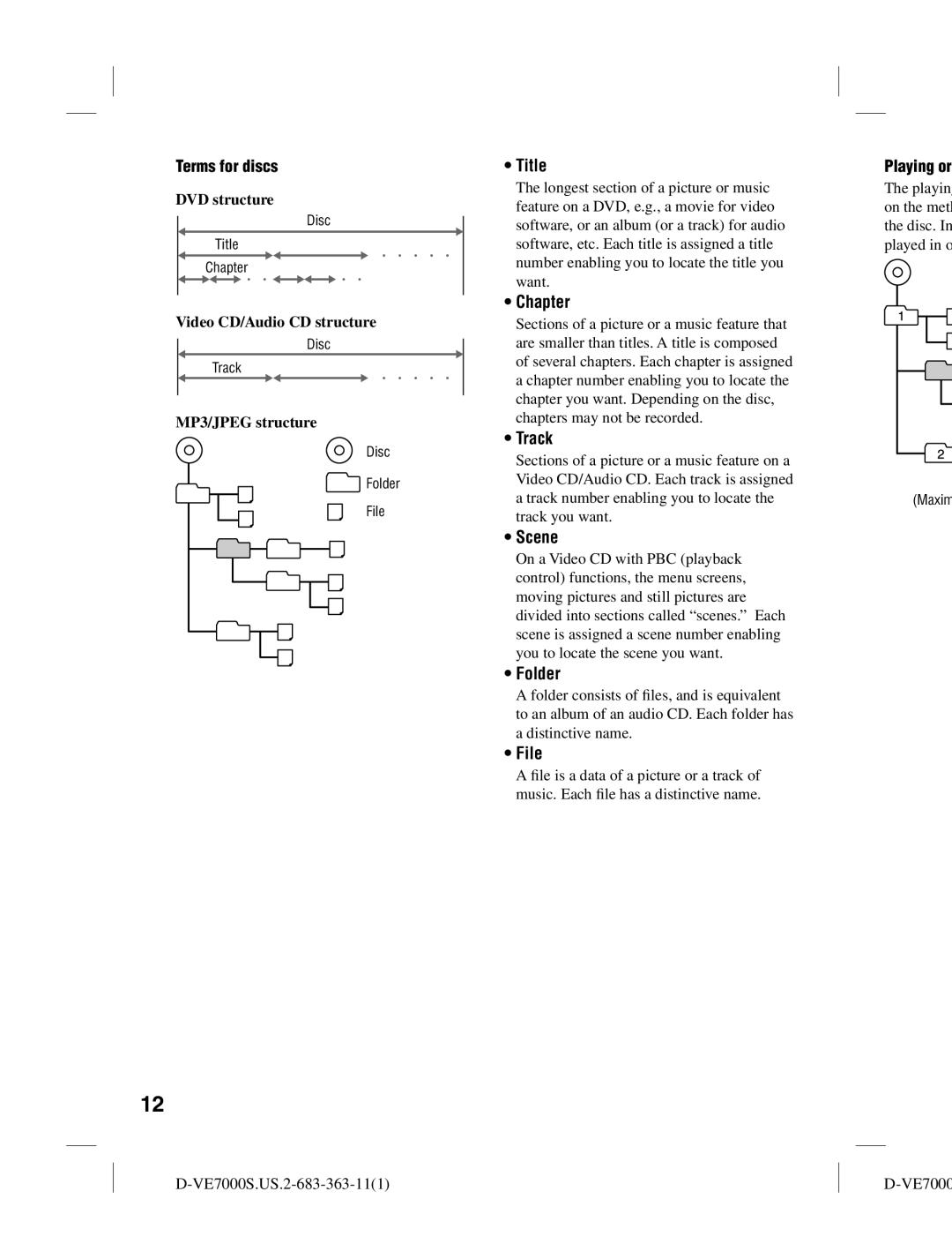 Sony D-VE7000S operating instructions Terms for discs, Title, Chapter, Track, Scene, Folder, File 