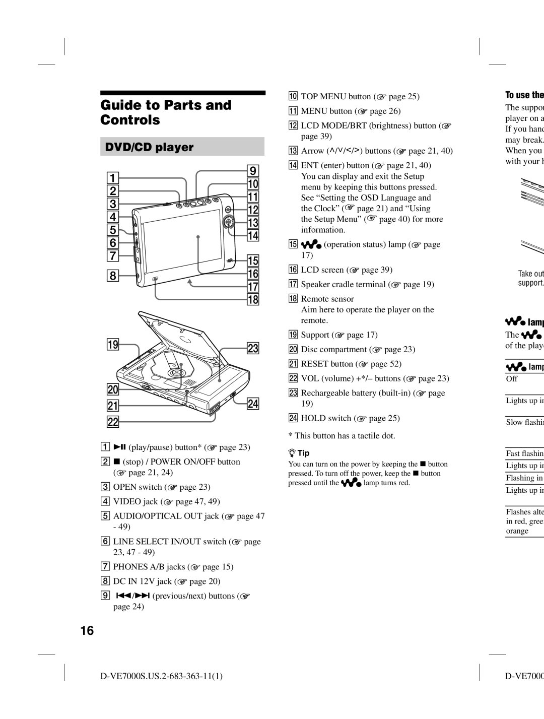 Sony D-VE7000S operating instructions Guide to Parts Controls, DVD/CD player, Lamp 