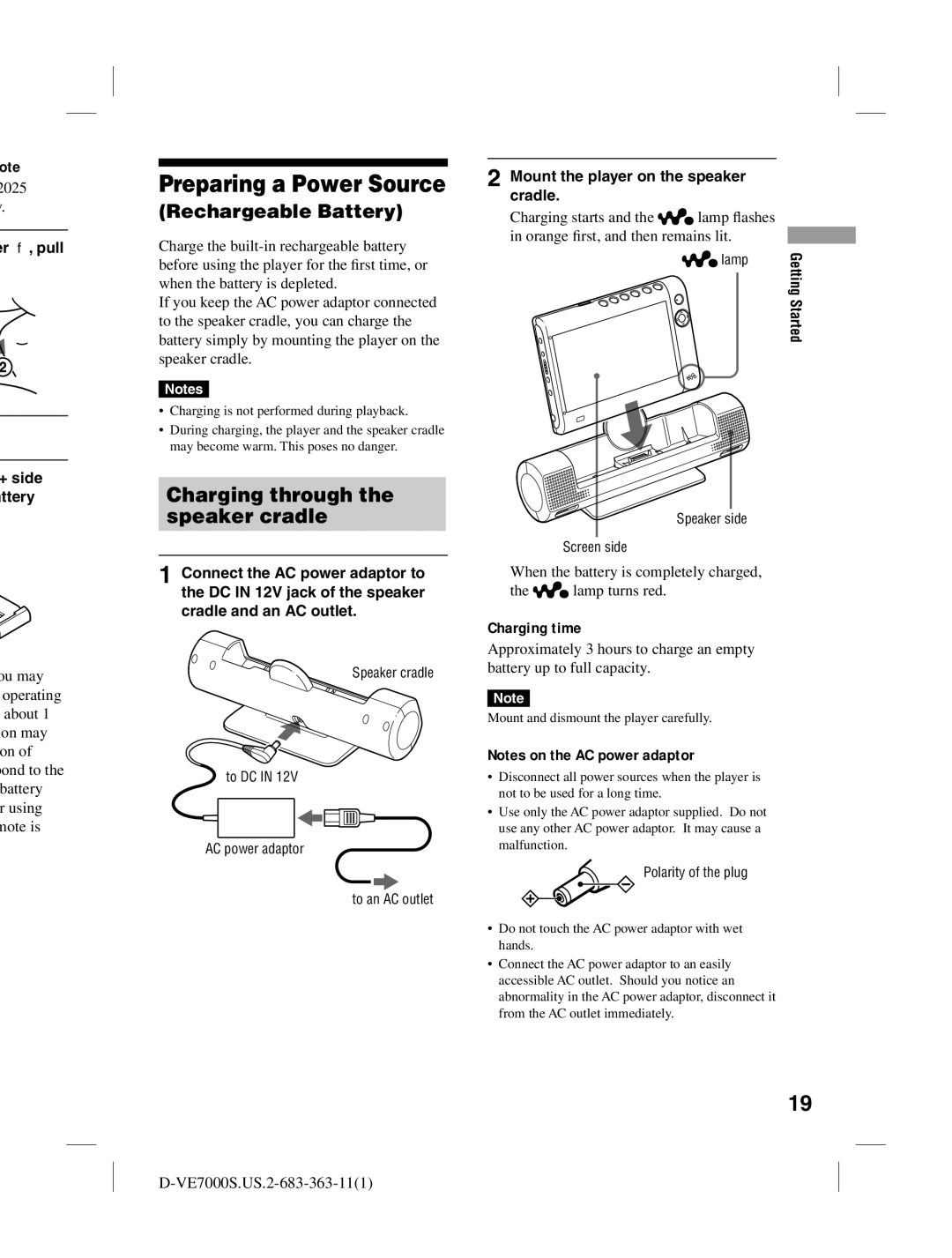 Sony D-VE7000S operating instructions Preparing a Power Source, Charging through the speaker cradle, Ote, Charging time 