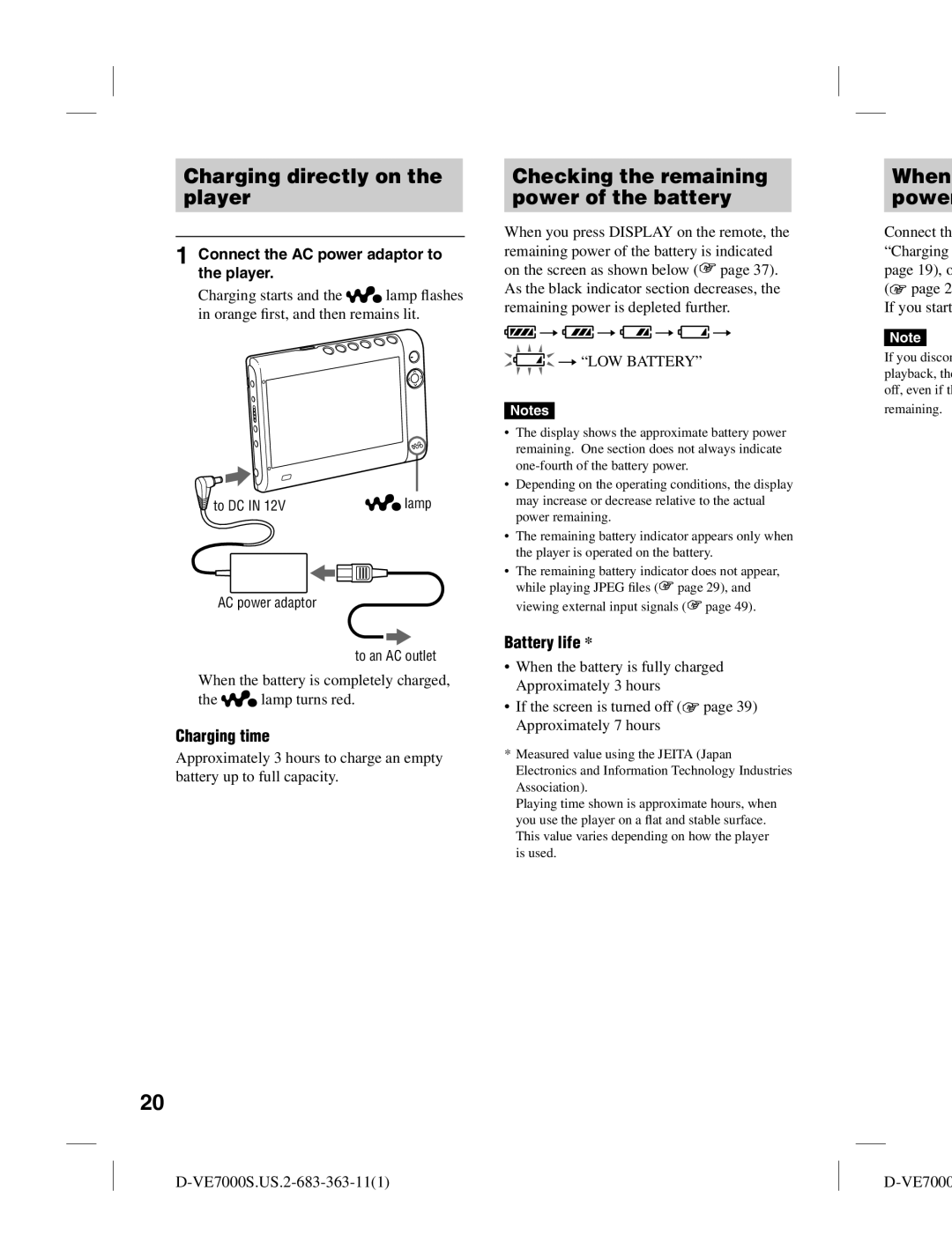 Sony D-VE7000S Charging directly on the player, Checking the remaining power of the battery, Battery life,  LOW Battery 