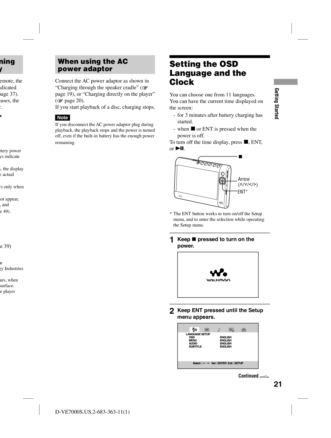 Sony D-VE7000S Setting the OSD Language Clock, Ning When using the AC Power adaptor, You can choose one from 11 languages 