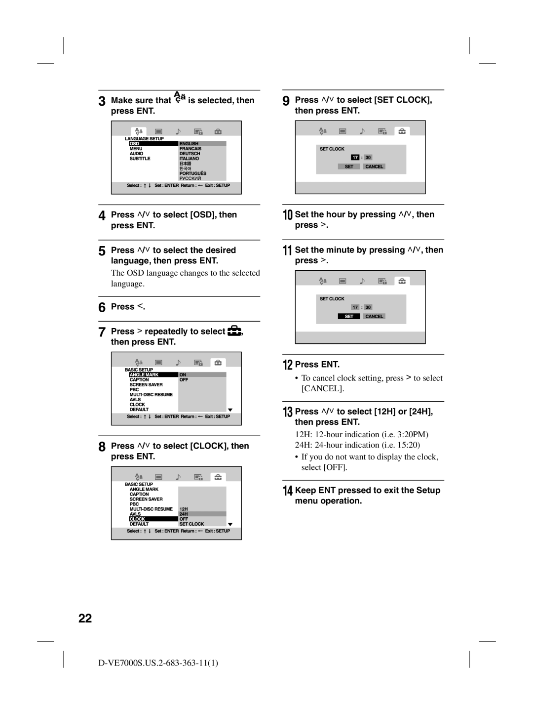 Sony D-VE7000S OSD language changes to the selected language, To cancel clock setting, press  to select Cancel 