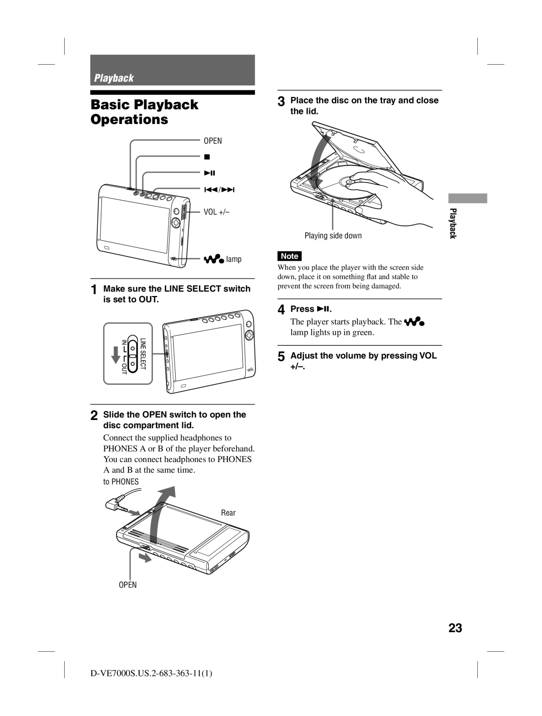 Sony D-VE7000S operating instructions Basic Playback Operations, Place the disc on the tray and close the lid, Press  