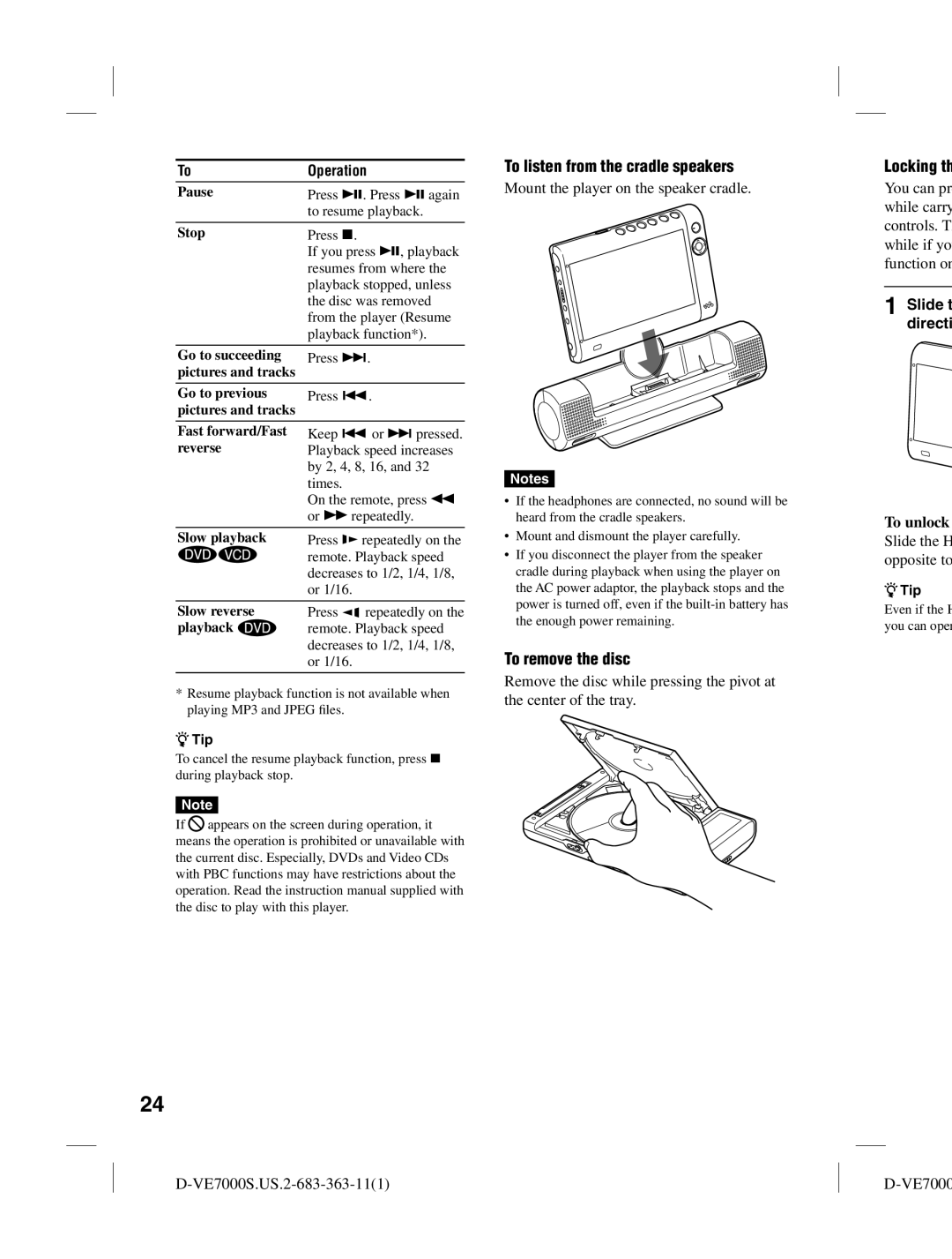 Sony D-VE7000S operating instructions To listen from the cradle speakers, To remove the disc, Operation 