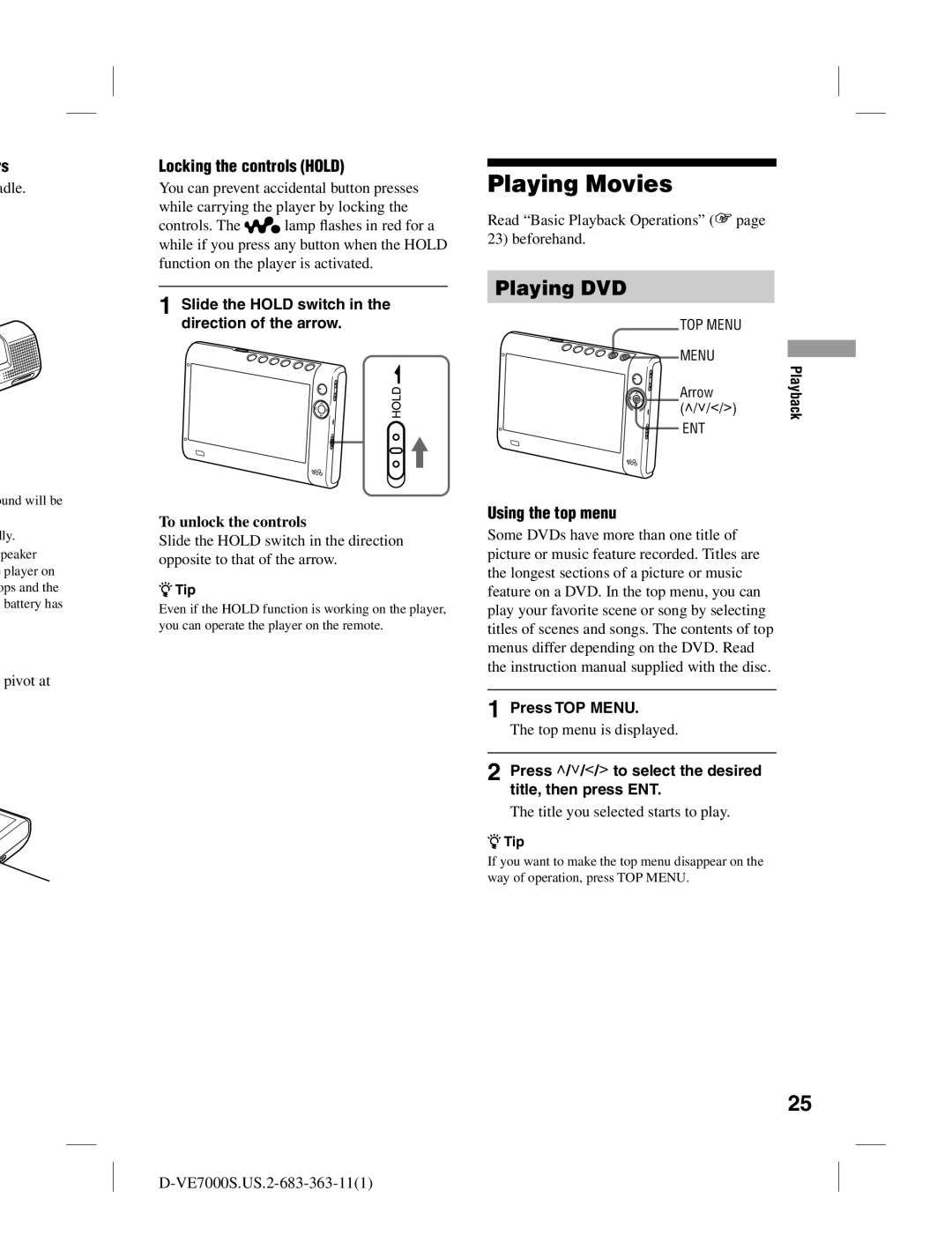 Sony D-VE7000S operating instructions Playing Movies, Playing DVD, Locking the controls Hold, Using the top menu 