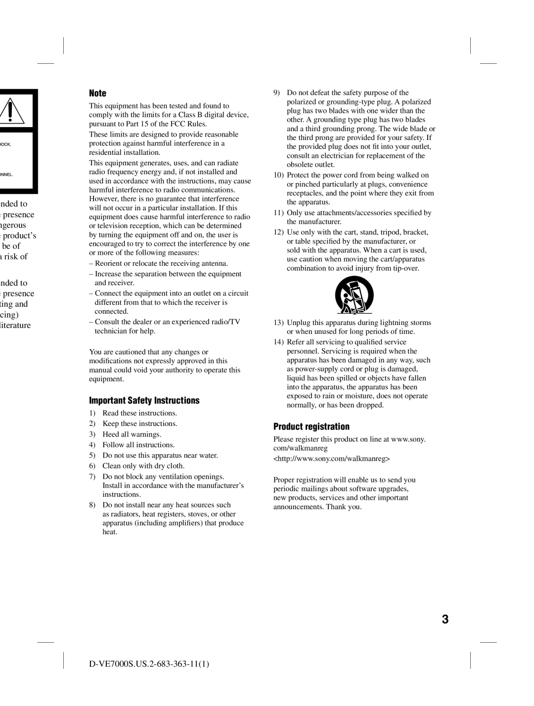 Sony D-VE7000S operating instructions Important Safety Instructions, Product registration 