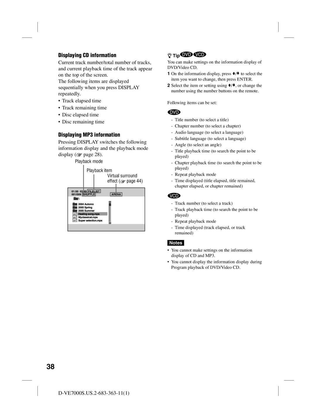 Sony D-VE7000S operating instructions Displaying CD information, Displaying MP3 information 