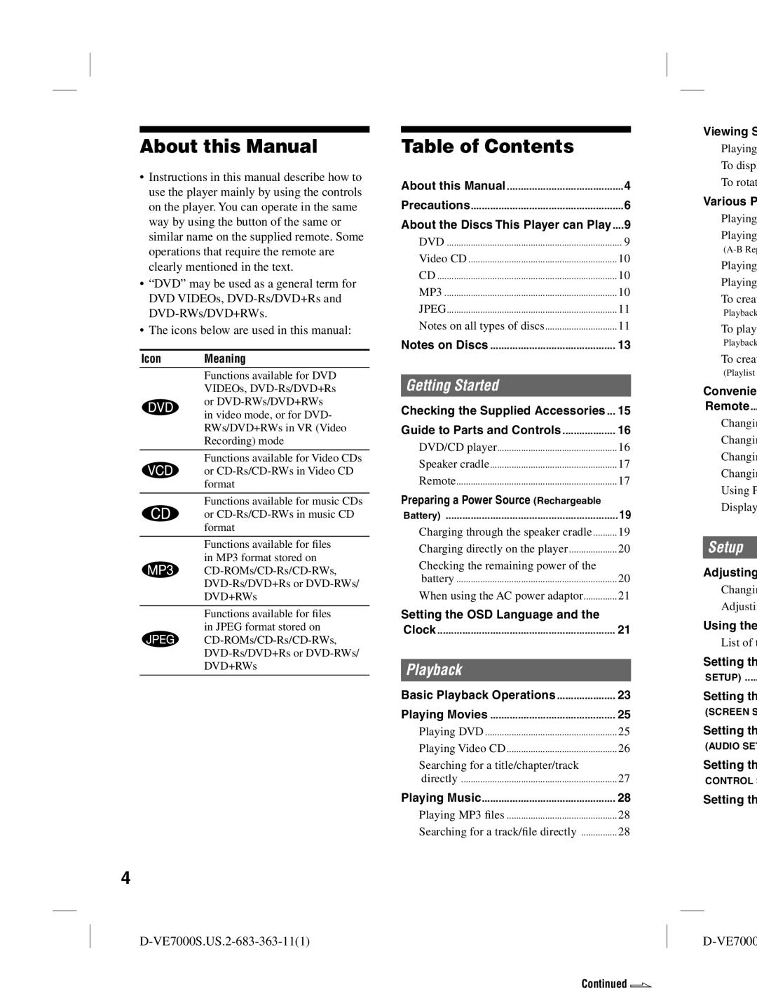 Sony D-VE7000S operating instructions About this Manual, Table of Contents 