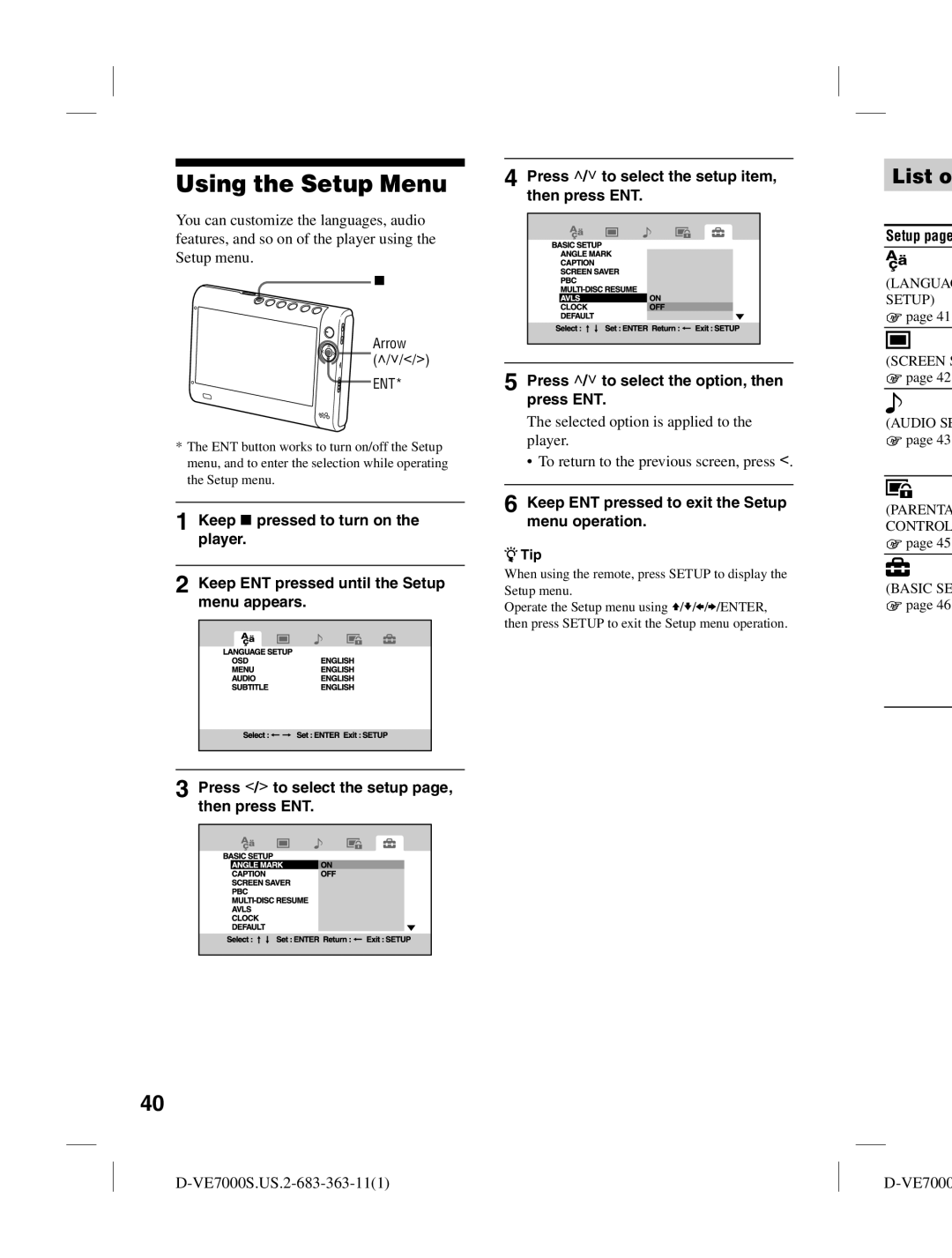 Sony D-VE7000S operating instructions Using the Setup Menu, List o, Langua Setup 