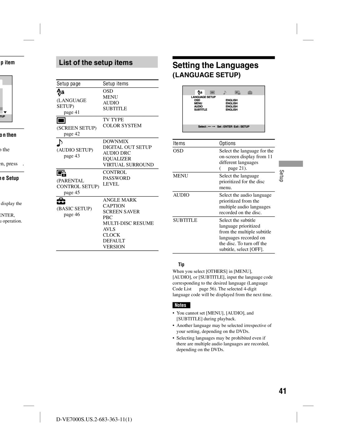 Sony D-VE7000S operating instructions Setting the Languages, List of the setup items 