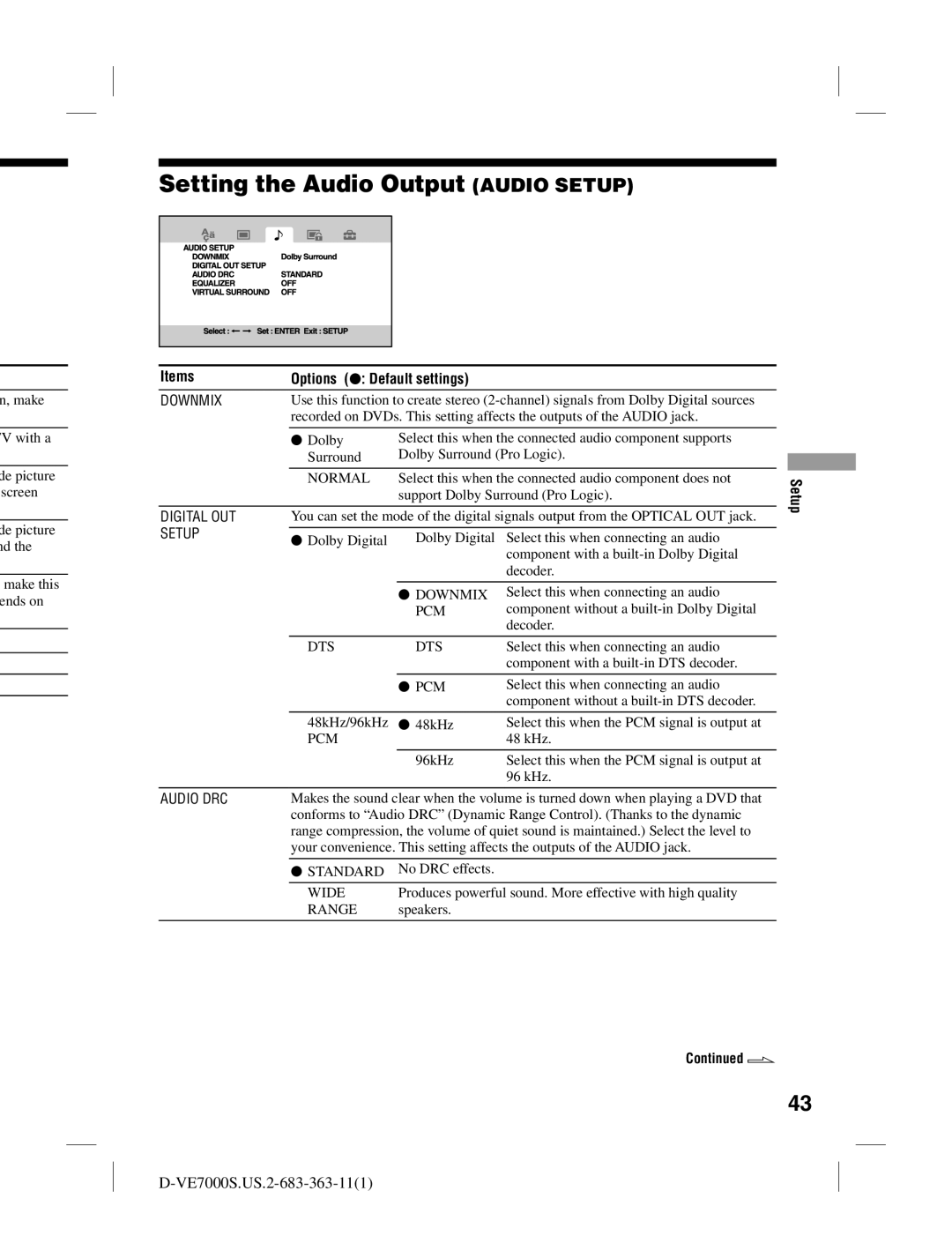 Sony D-VE7000S operating instructions Setting the Audio Output Audio Setup 