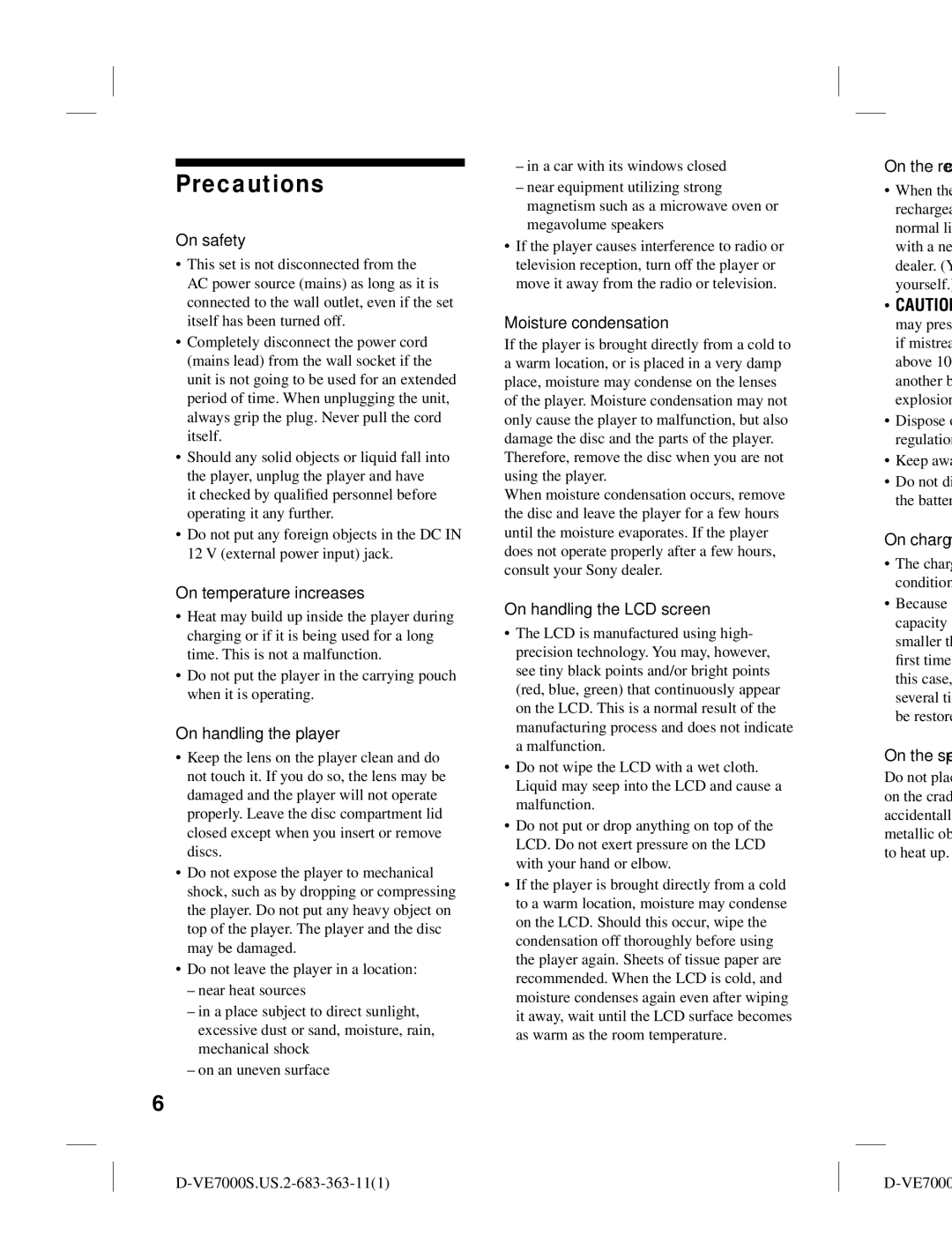 Sony D-VE7000S operating instructions Precautions 