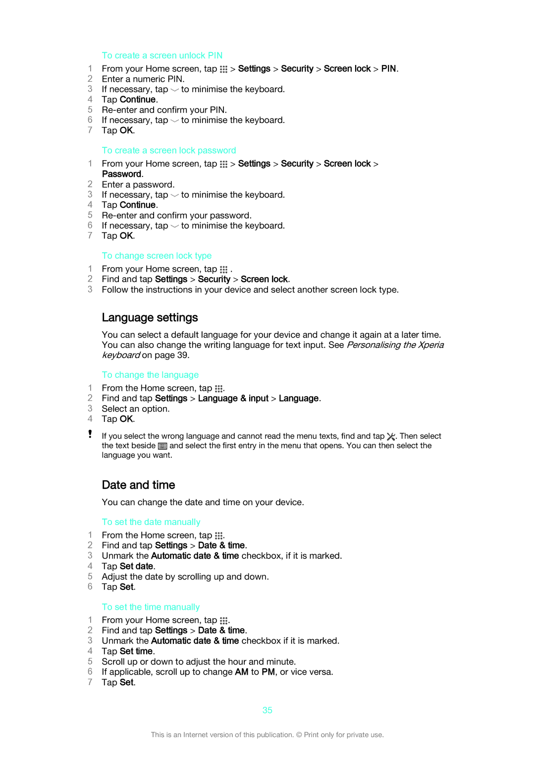 Sony D2005, D2004 manual Language settings, Date and time 