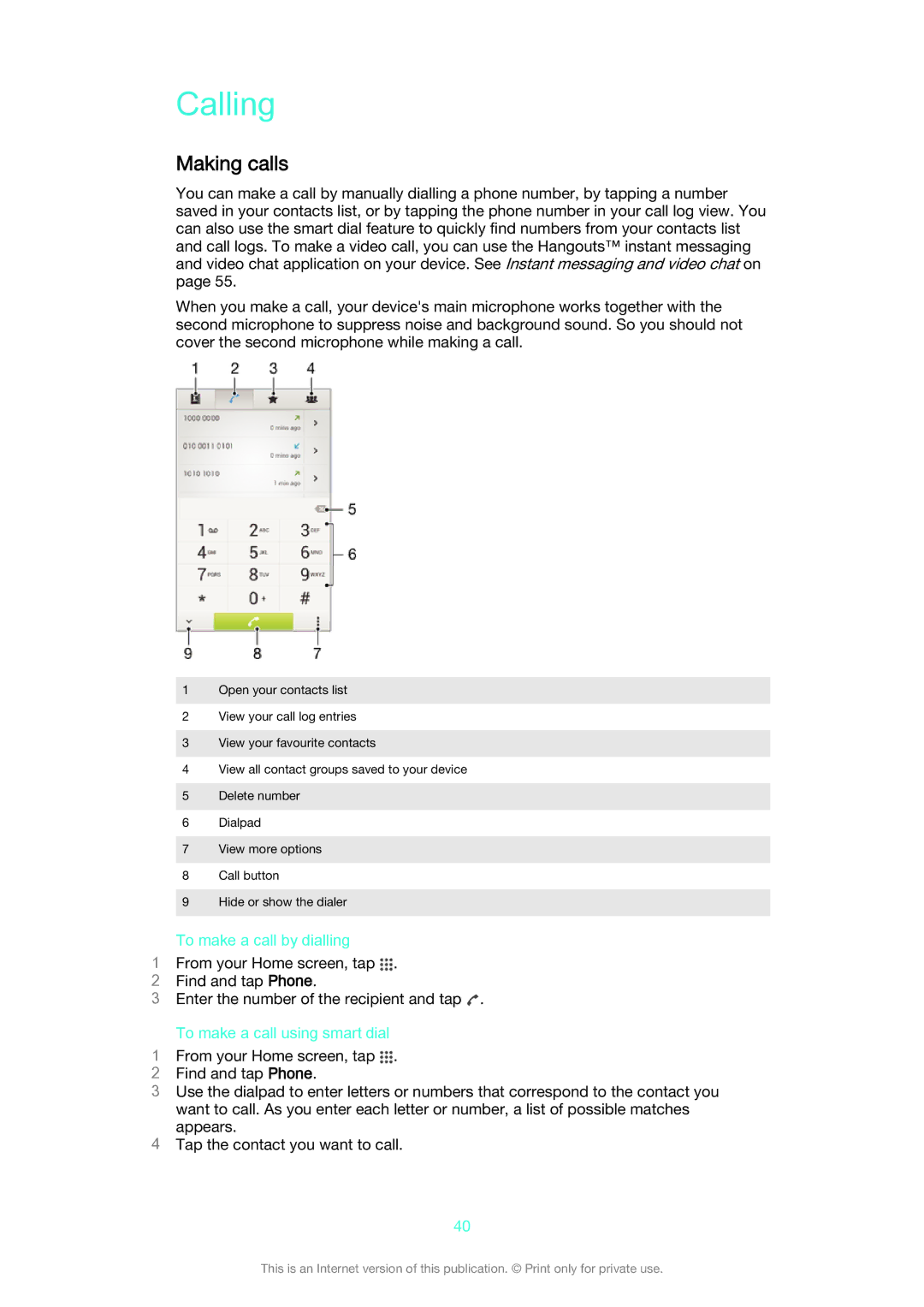 Sony D2004, D2005 manual Calling, Making calls, To make a call by dialling, To make a call using smart dial 