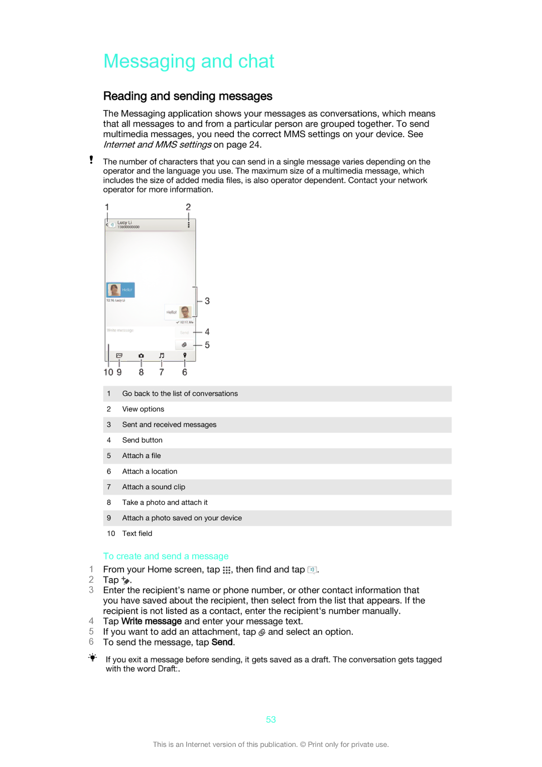 Sony D2005, D2004 manual Messaging and chat, Reading and sending messages, To create and send a message 