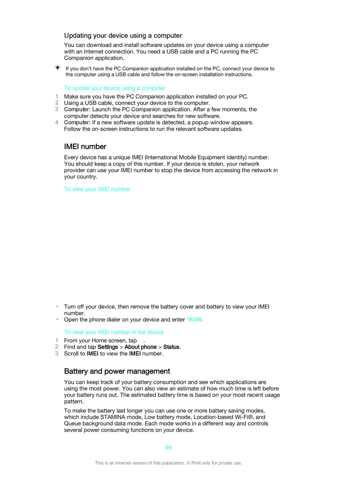 Sony D2004, D2005 manual Imei number, Battery and power management, Updating your device using a computer 