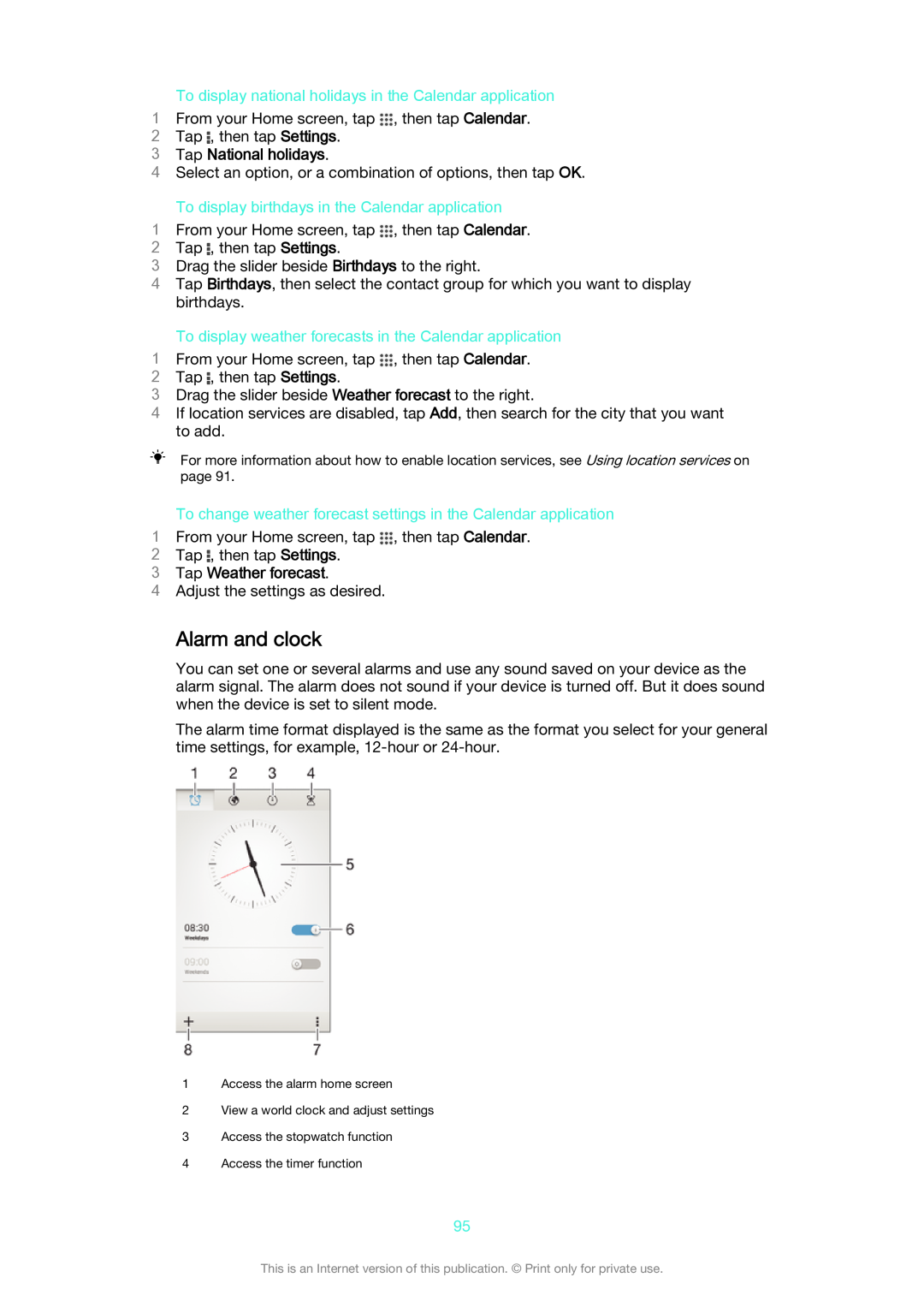 Sony D2005, D2004 manual Alarm and clock, To display national holidays in the Calendar application, Tap National holidays 