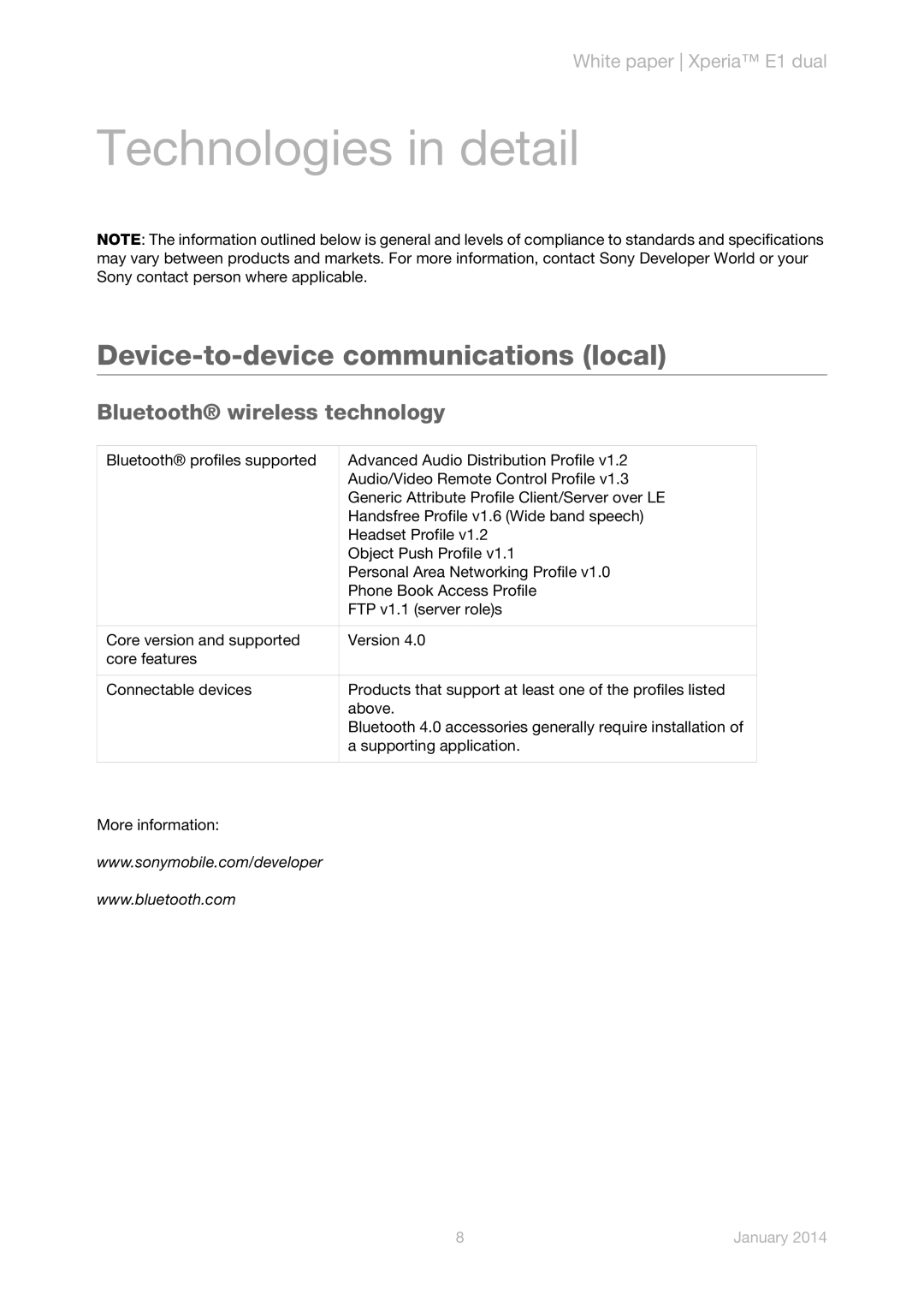 Sony D2104, D2114, D2105 manual Technologies in detail, Device-to-device communications local 