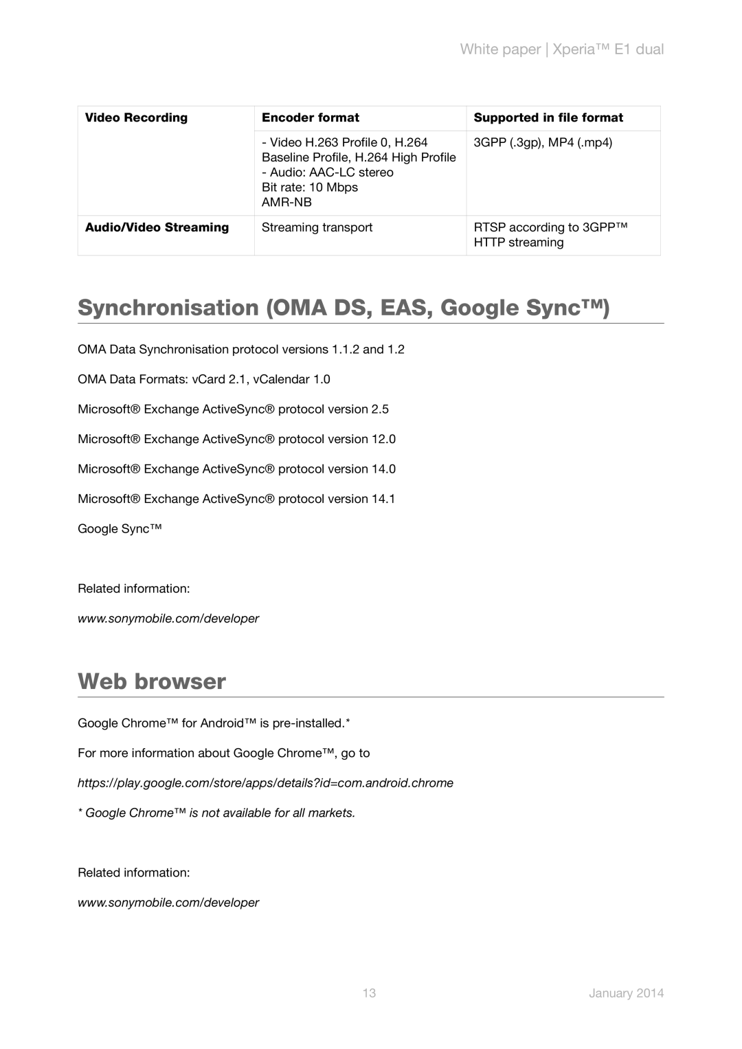 Sony D2114, D2104, D2105 manual Synchronisation OMA DS, EAS, Google Sync, Web browser, Amr-Nb 