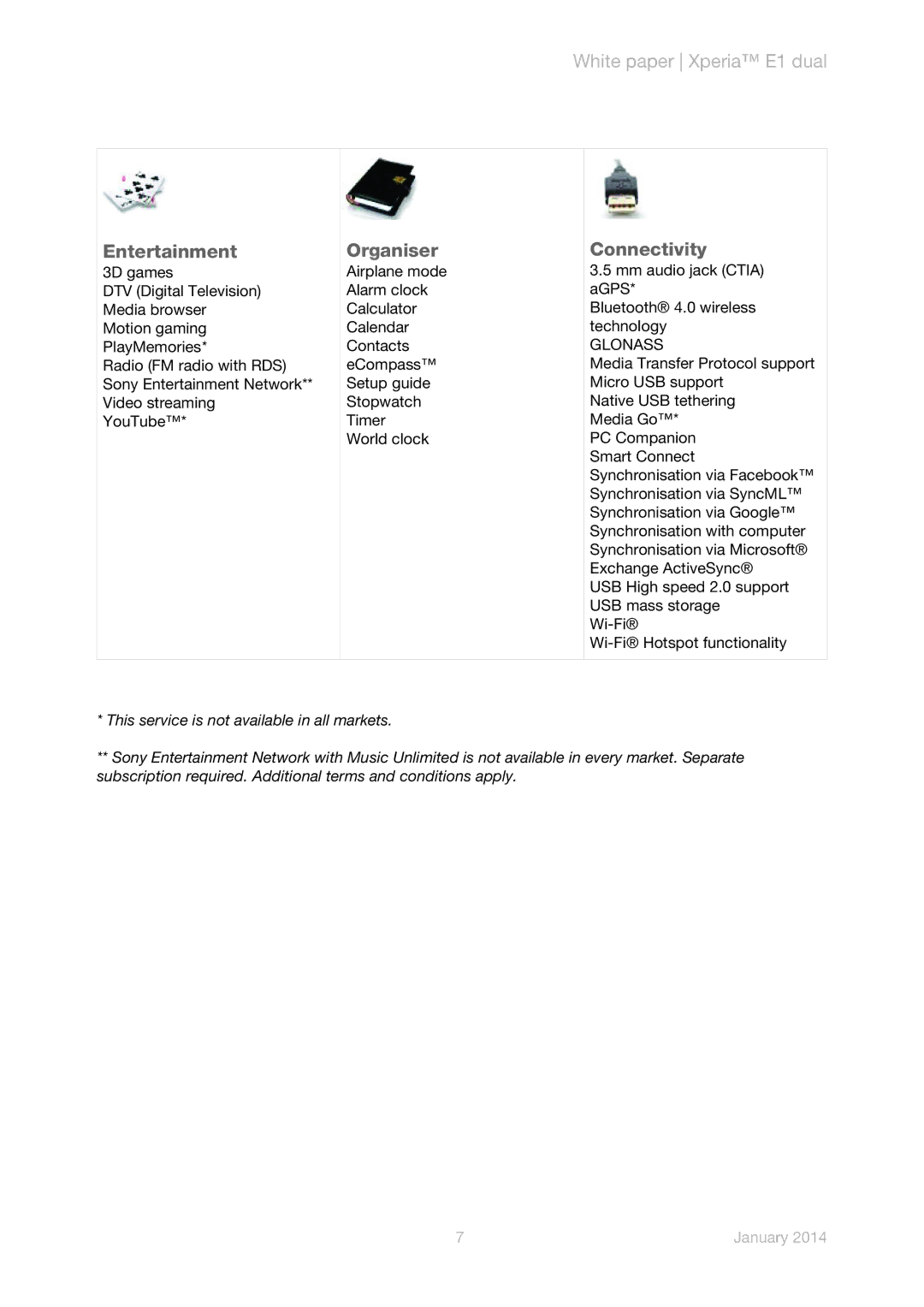 Sony D2114, D2104, D2105 manual Entertainment, Organiser, Connectivity, Glonass 