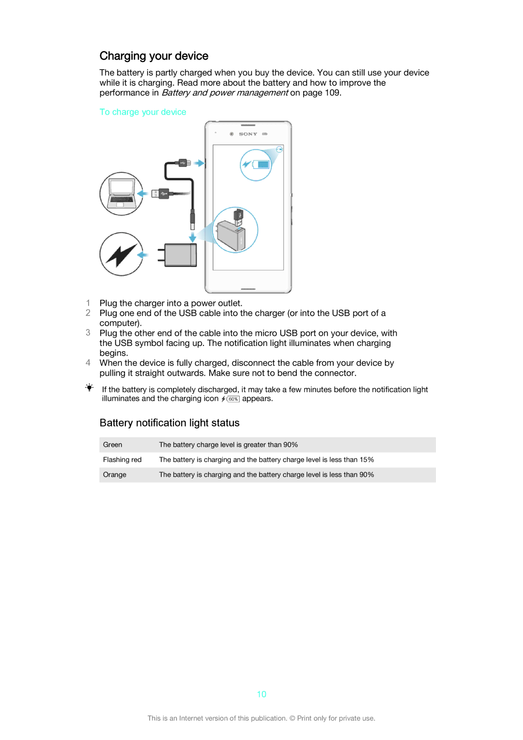 Sony D2206, D2203, D2202 manual Charging your device, Battery notification light status, To charge your device 