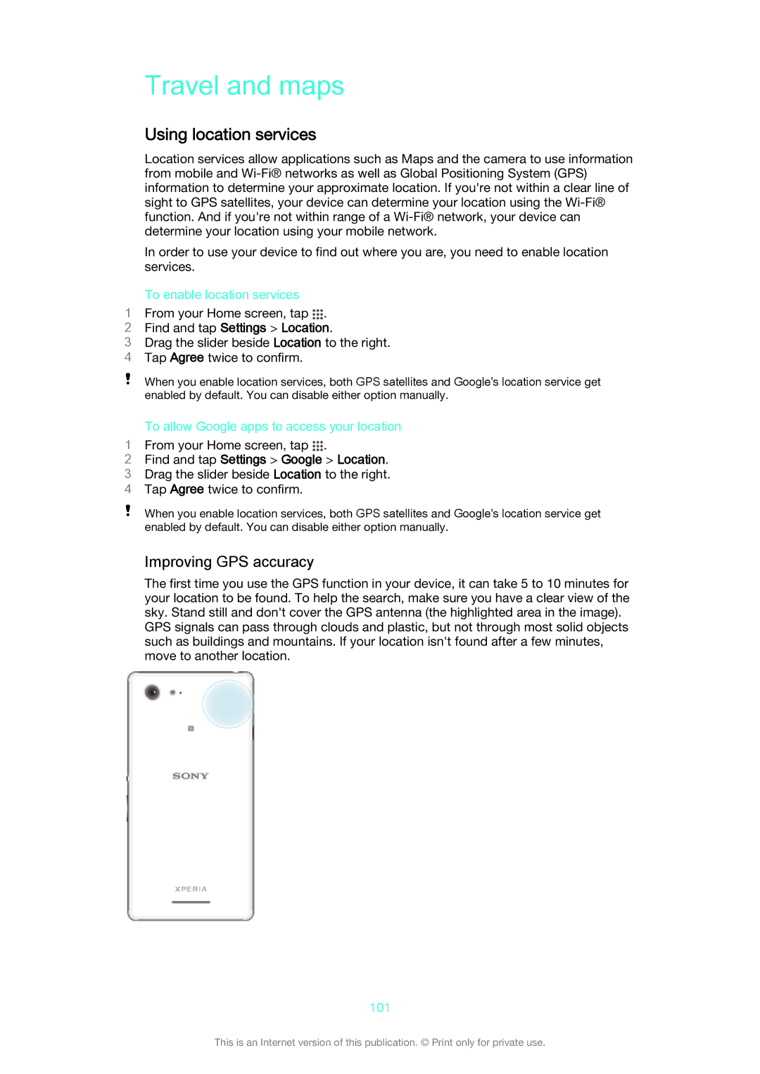 Sony D2202, D2203, D2206 Travel and maps, Using location services, Improving GPS accuracy, Find and tap Settings Location 