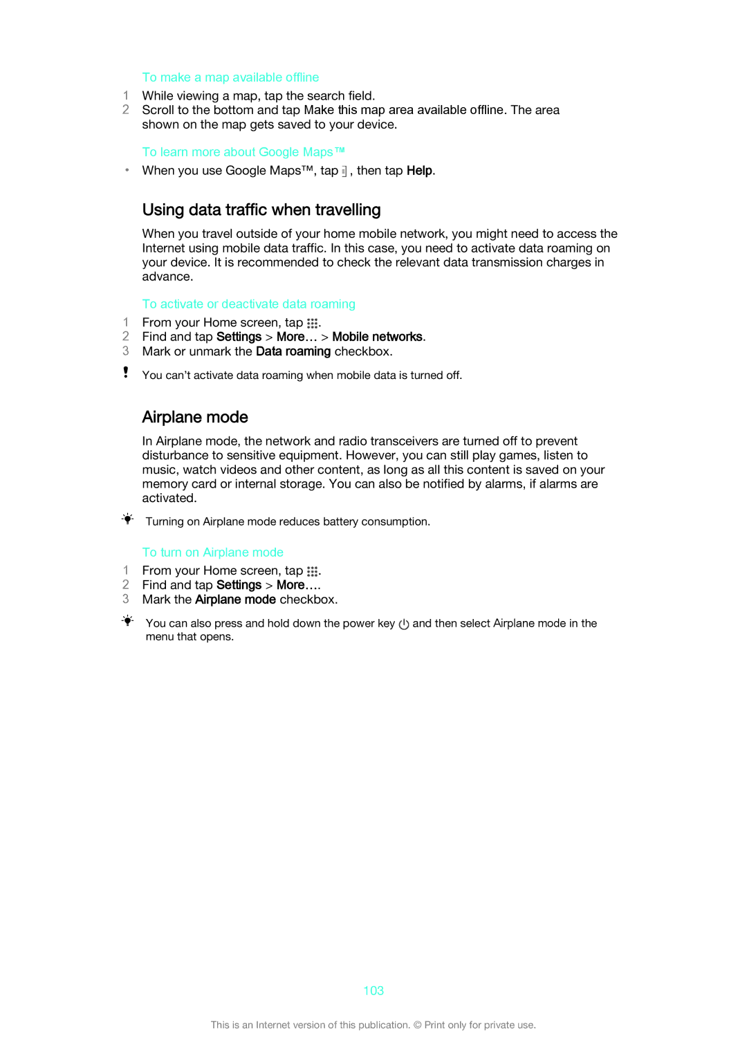 Sony D2206, D2203, D2202 manual Using data traffic when travelling, Airplane mode 