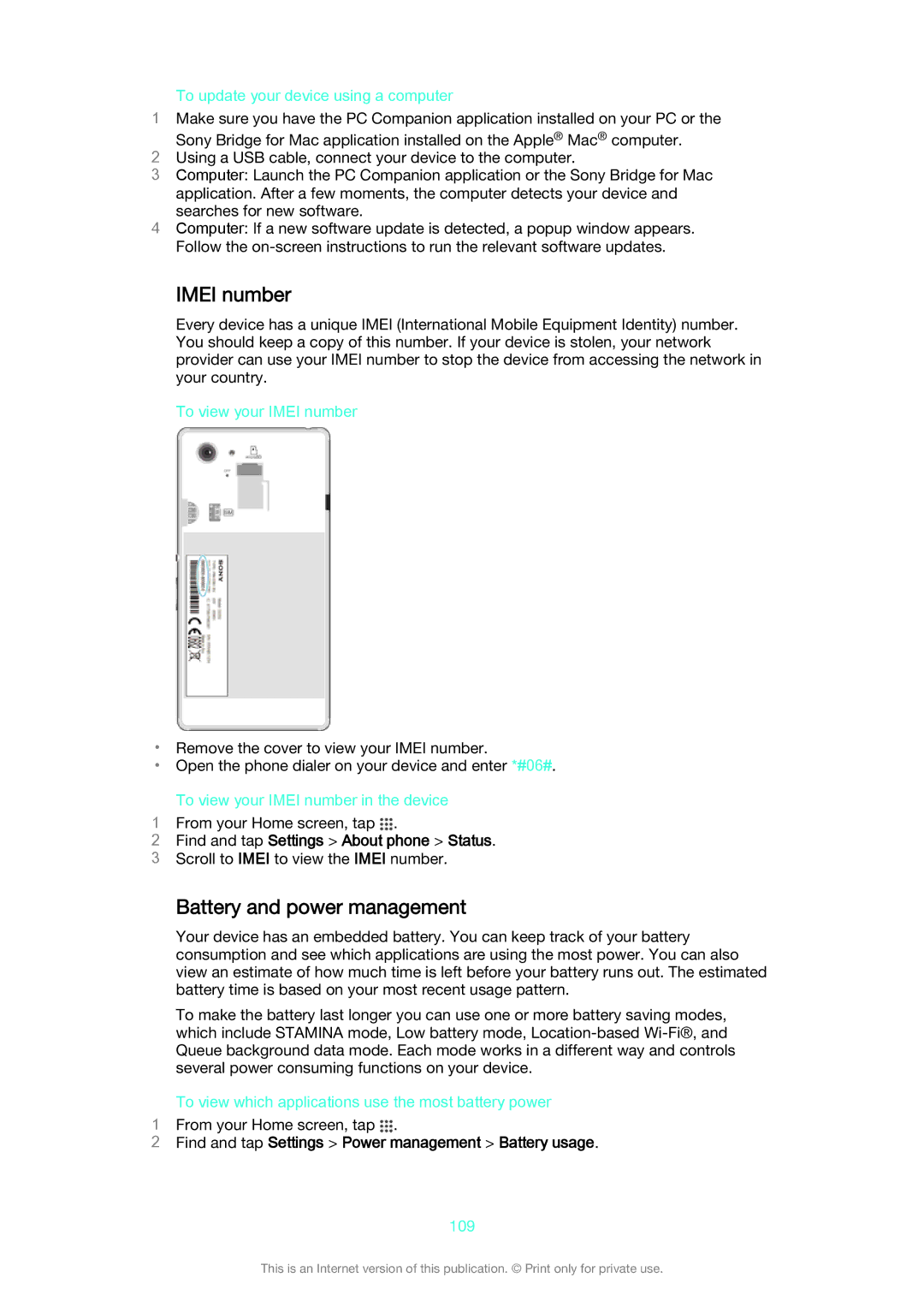 Sony D2206, D2203, D2202 manual Imei number, Battery and power management, Find and tap Settings About phone Status 