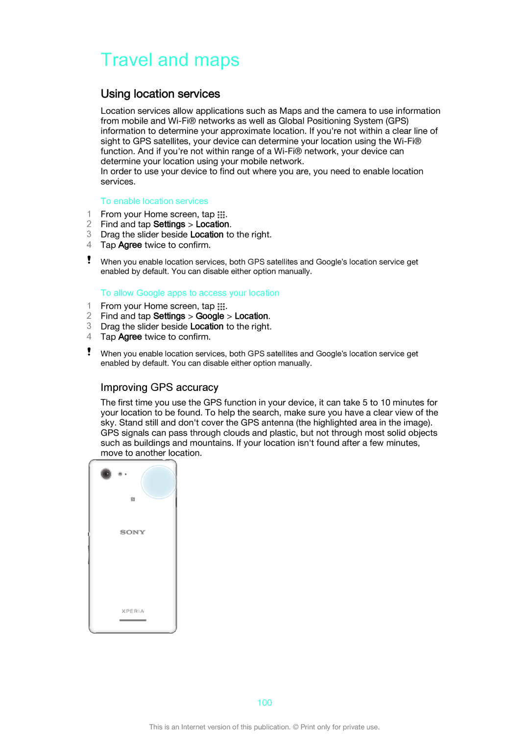 Sony D2212 manual Travel and maps, Using location services, Improving GPS accuracy, Find and tap Settings Location 