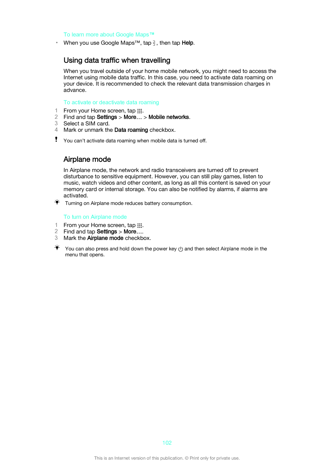 Sony D2212 manual Using data traffic when travelling, Airplane mode 