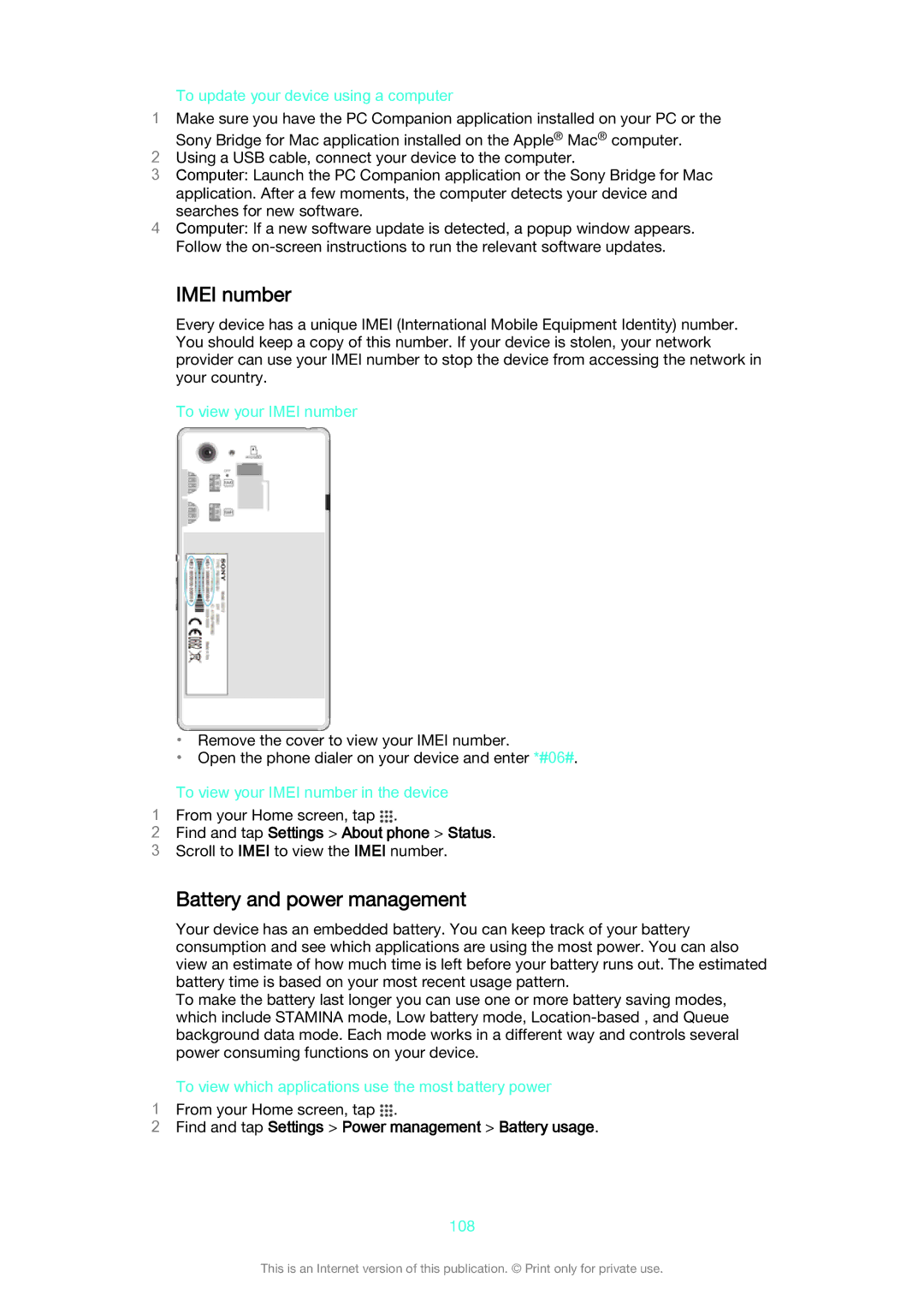 Sony D2212 manual Imei number, Battery and power management, Find and tap Settings About phone Status 