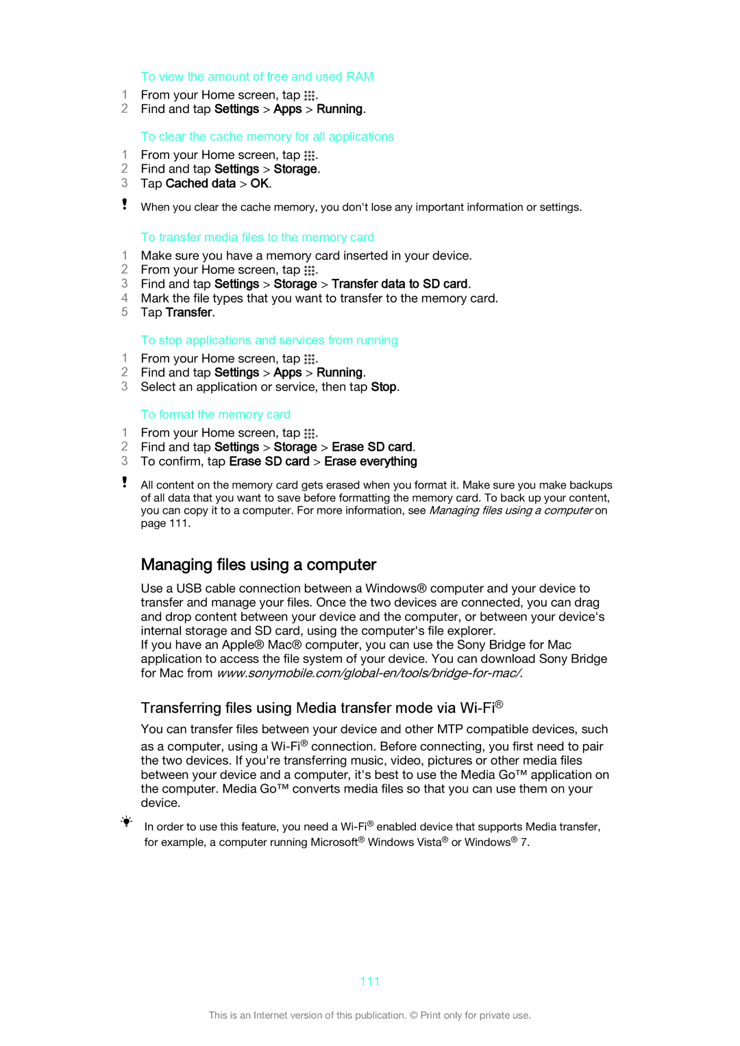 Sony D2212 manual Managing files using a computer, Transferring files using Media transfer mode via Wi-Fi 