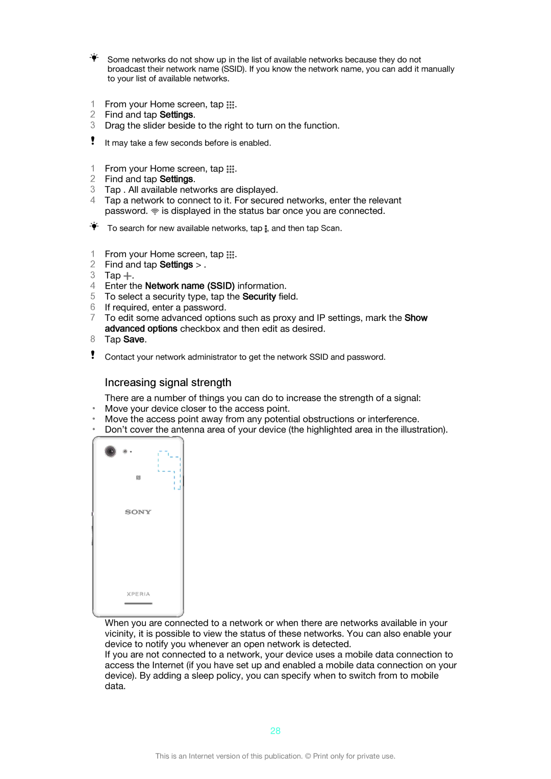 Sony D2212 Increasing signal strength, Find and tap Settings, Drag the slider beside to the right to turn on the function 