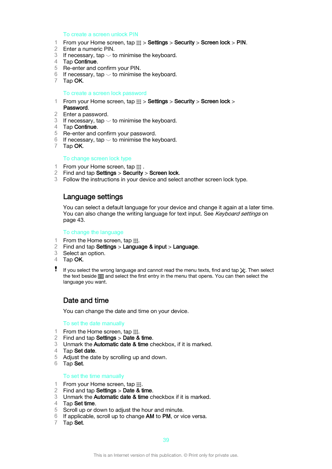 Sony D2212 manual Language settings, Date and time 