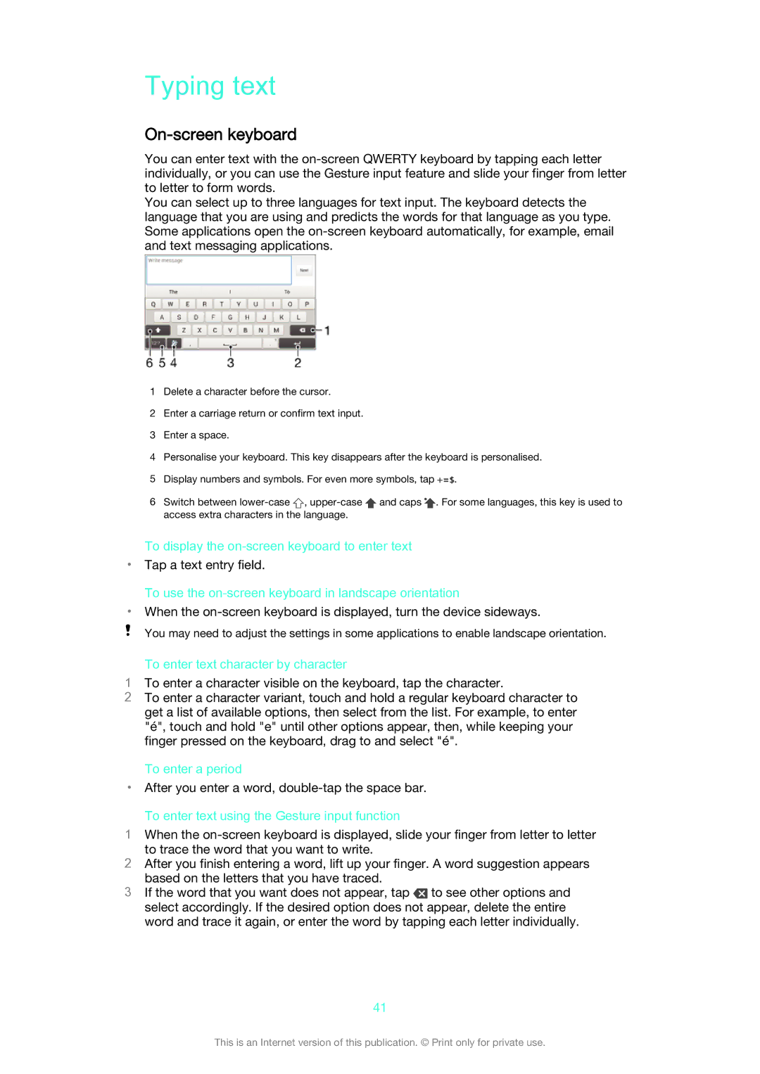 Sony D2212 manual Typing text, On-screen keyboard 