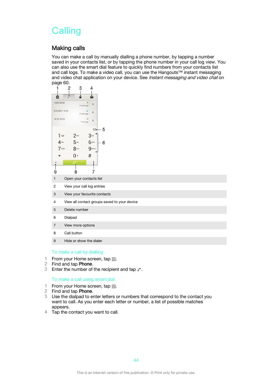 Sony D2212 manual Calling, Making calls, To make a call by dialling, To make a call using smart dial 