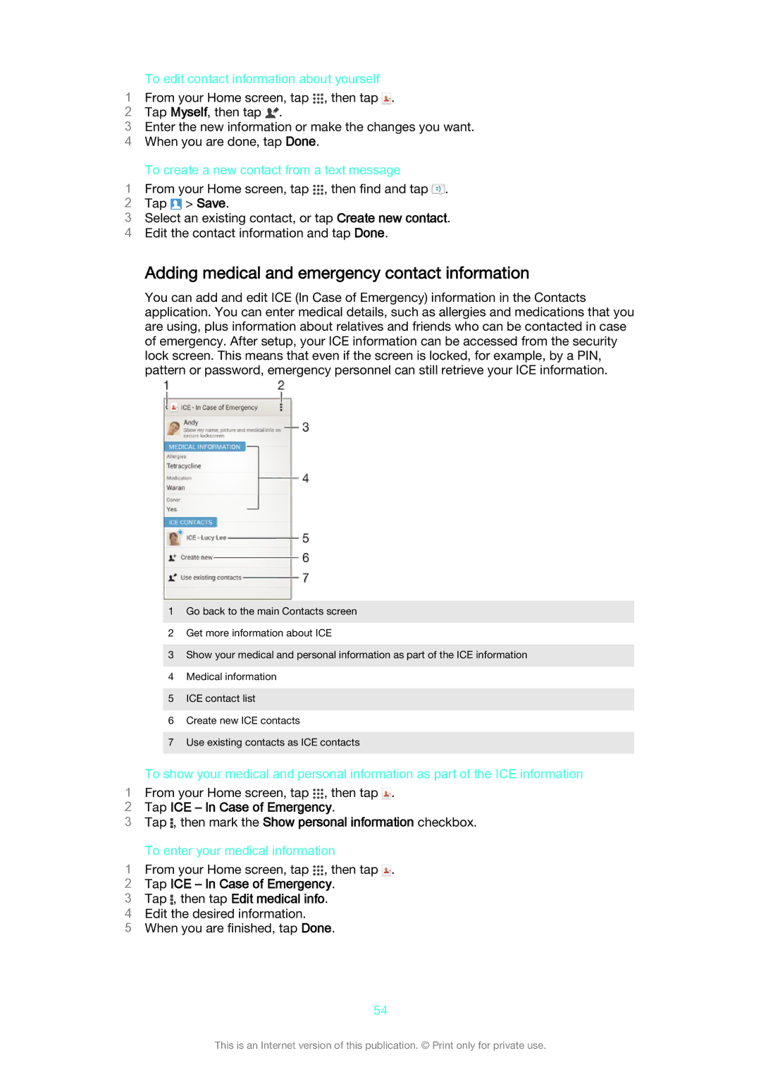 Sony D2212 manual Adding medical and emergency contact information, To edit contact information about yourself 