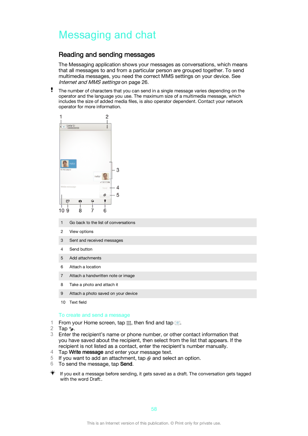 Sony D2212 manual Messaging and chat, Reading and sending messages, To create and send a message 