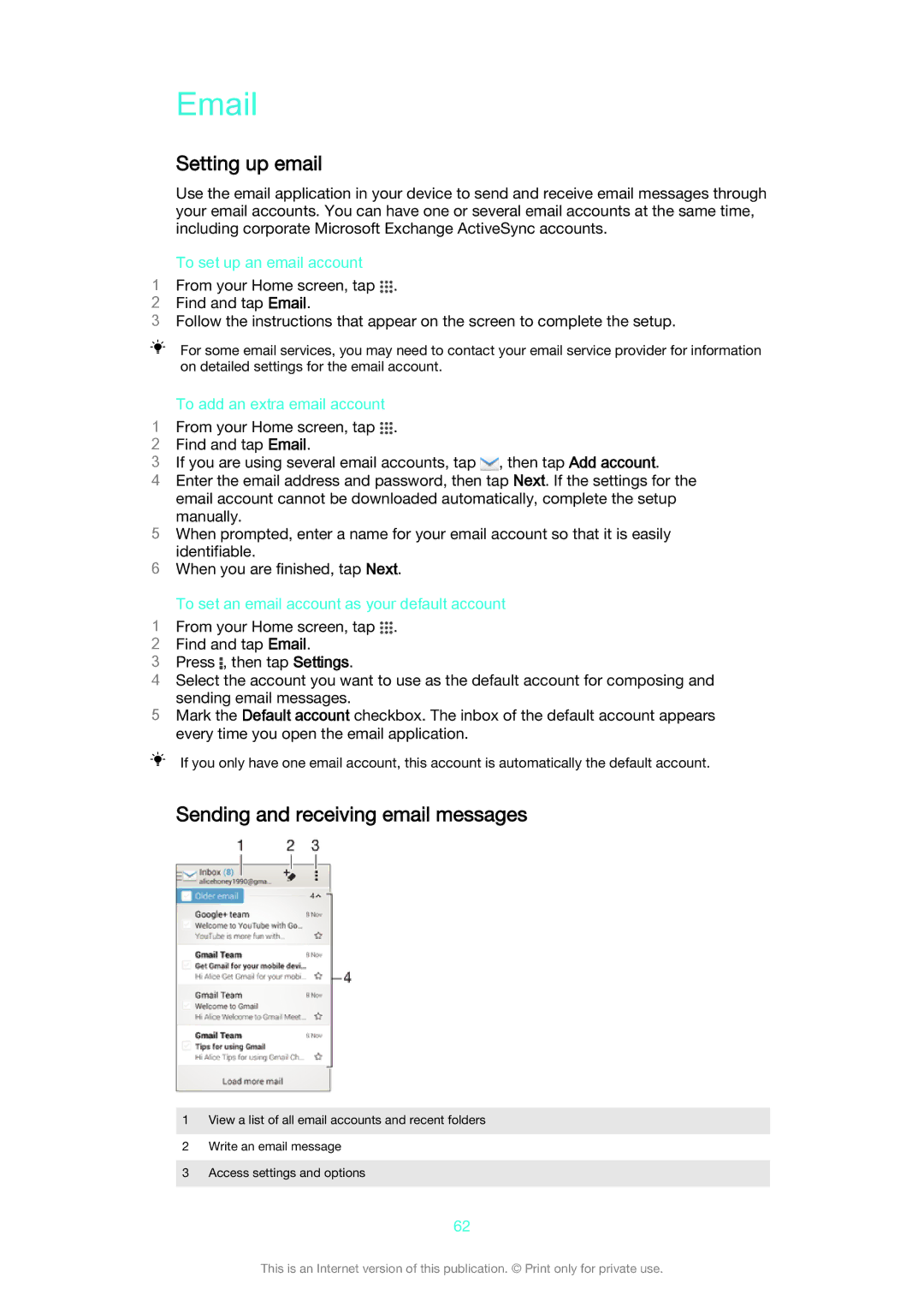 Sony D2212 manual Setting up email, Sending and receiving email messages, To set up an email account 