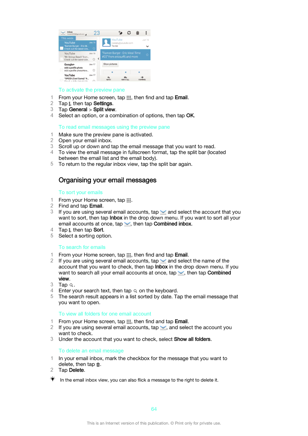 Sony D2212 manual Organising your email messages, Tap General Split view, Tap Delete 