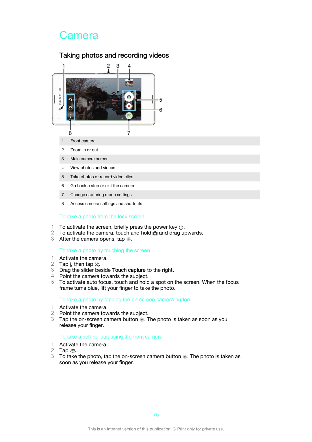 Sony D2212 manual Camera, Taking photos and recording videos 