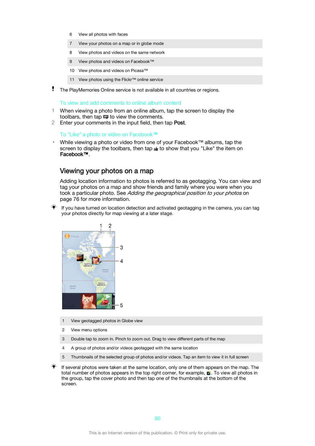 Sony D2212 manual Viewing your photos on a map, To view and add comments to online album content 