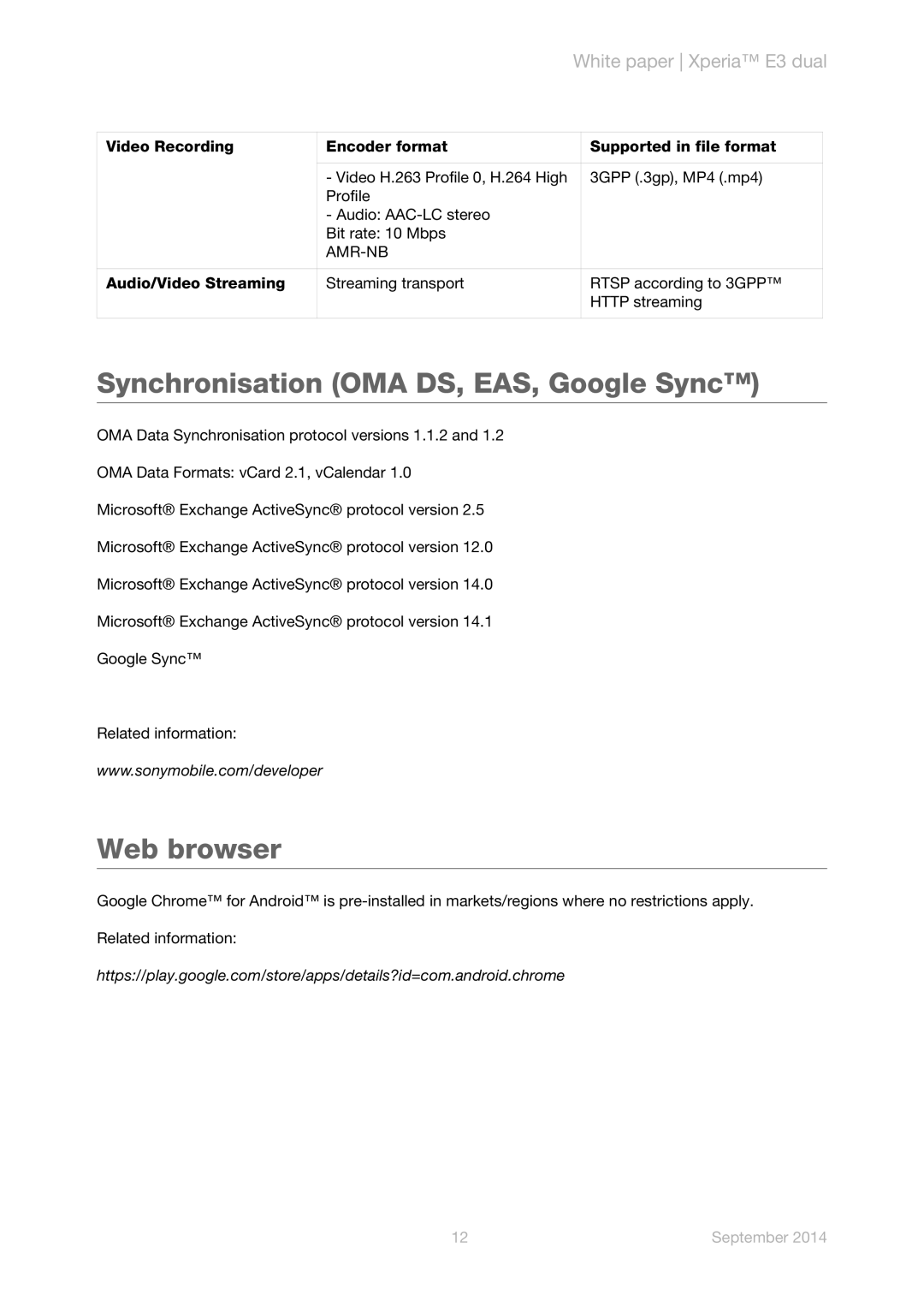 Sony D2212 manual Synchronisation OMA DS, EAS, Google Sync, Web browser, Amr-Nb 